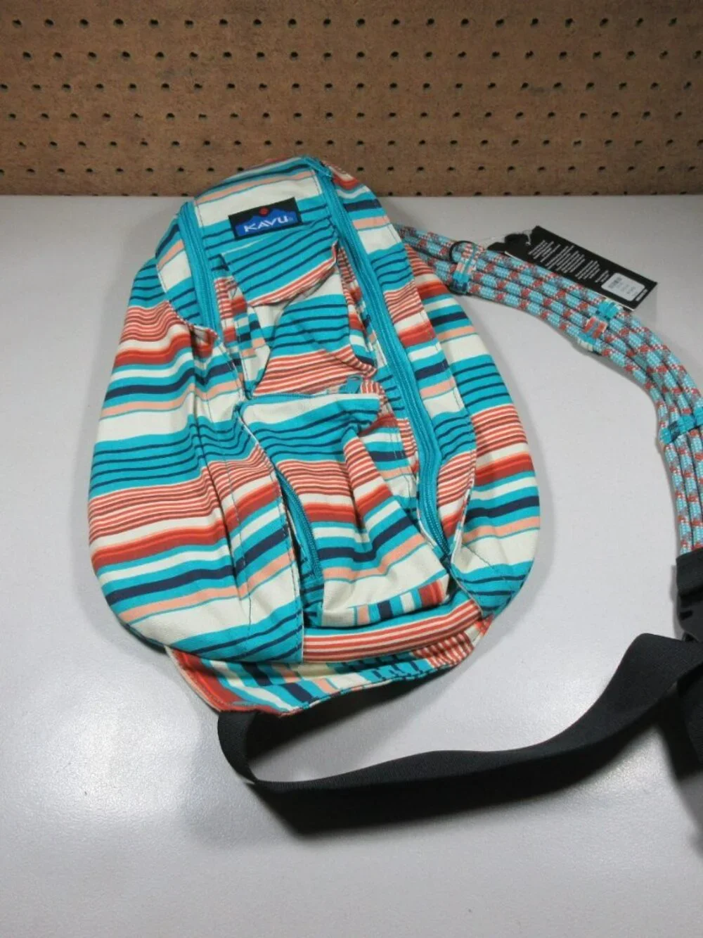 KAVU colorful offwhite striped canvas Banded Rope sling bag 11 x 17  NWT